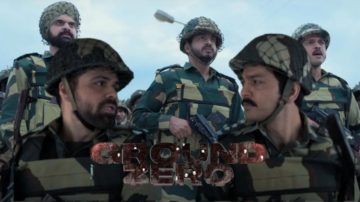 Ground Zero movie poster featuring intense lead character in a war-torn backdrop