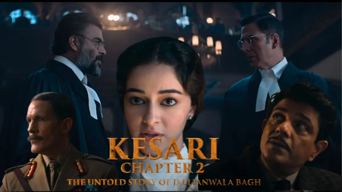 Akshay Kumar in Kesari - Chapter 2 poster with a battlefield backdrop