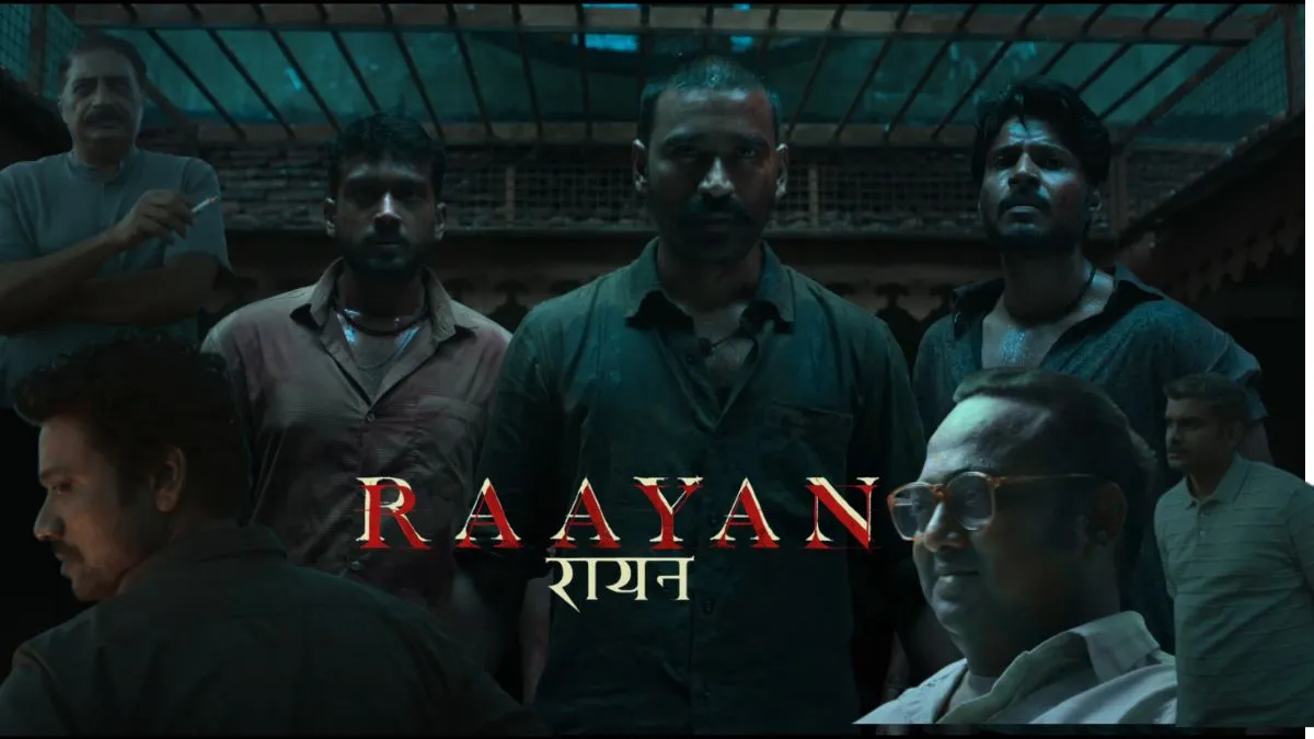 Dhanush in Raayan (2024) movie poster showcasing intense action