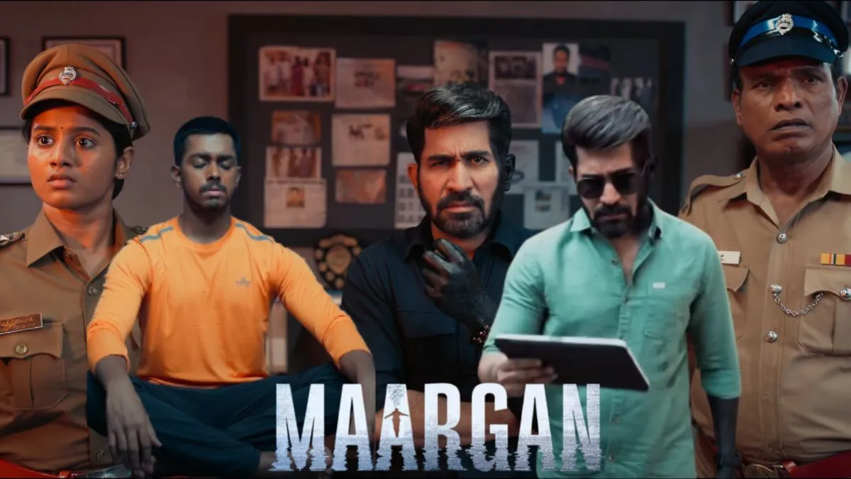 Maargan movie poster with lead actor in a mysterious and intense pose